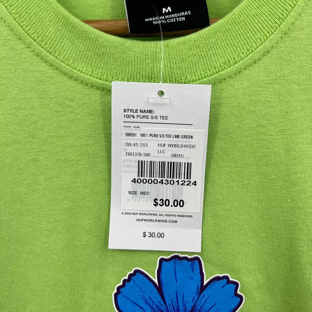 HUF‎ Worldwide T-Shirt Men's Size M Lime Green Flower Logo Graphic Tee New NWT - Picture 5 of 10
